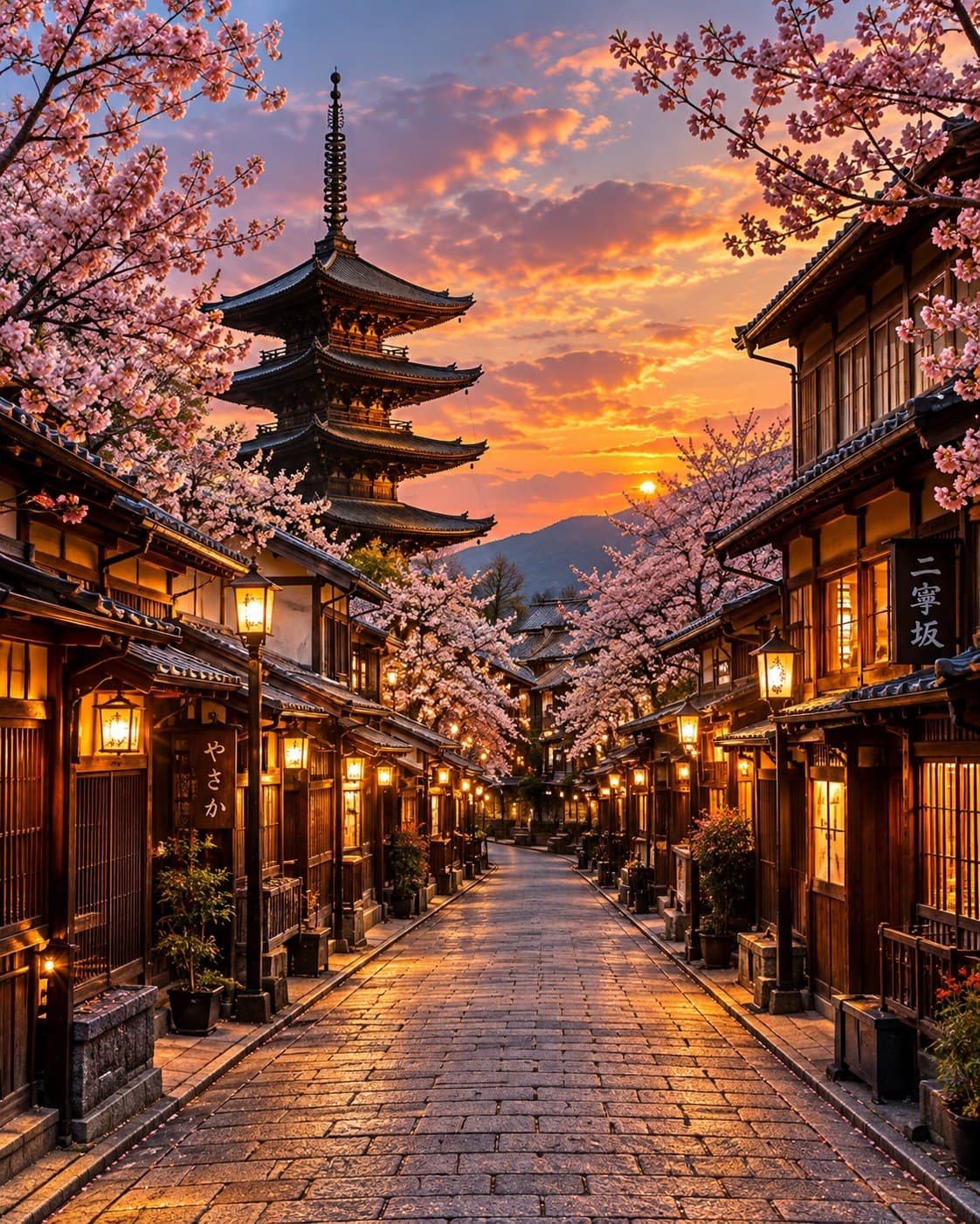 Lantern-lit lane below a wooden pagoda in Kyoto's Higashiyama district at dusk